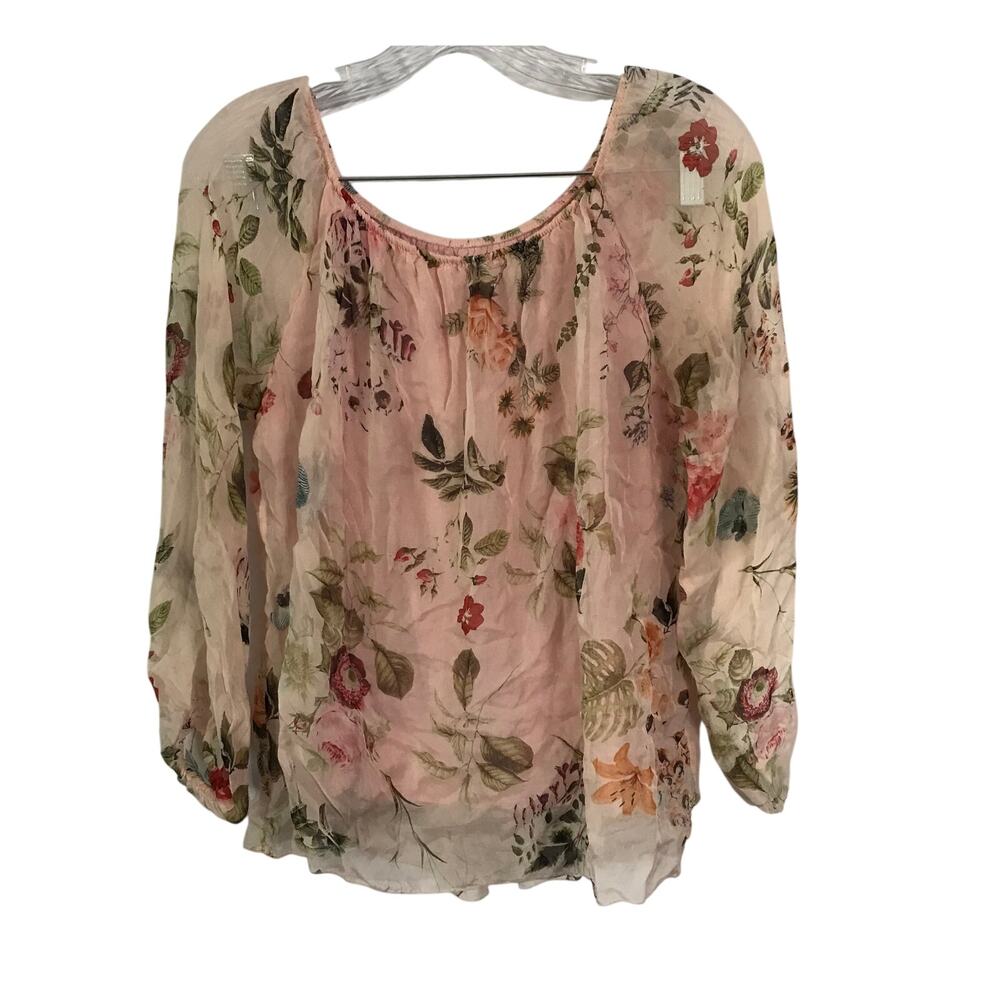 Italian Blouse Medium Womens Silk Peasant Style Floral Muted Pinks and Greens M